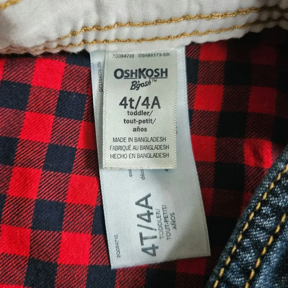 OshKosh B'gosh Red Buffalo Plaid Flannel Lined Denim Overalls Unisex Size 4T